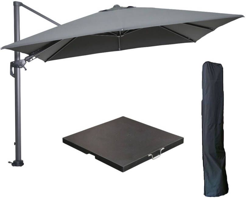 Garden Impressions Hawaii zweefparasol 300x300 cm carbon black donker grijs met 90kg black polished parasolvoet en parasolhoes