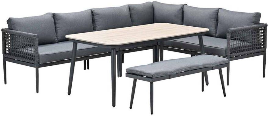 Garden Impressions Teramon lounge-diningset 6-delig carbon black rope dark grey mystic grey light teak vironwood