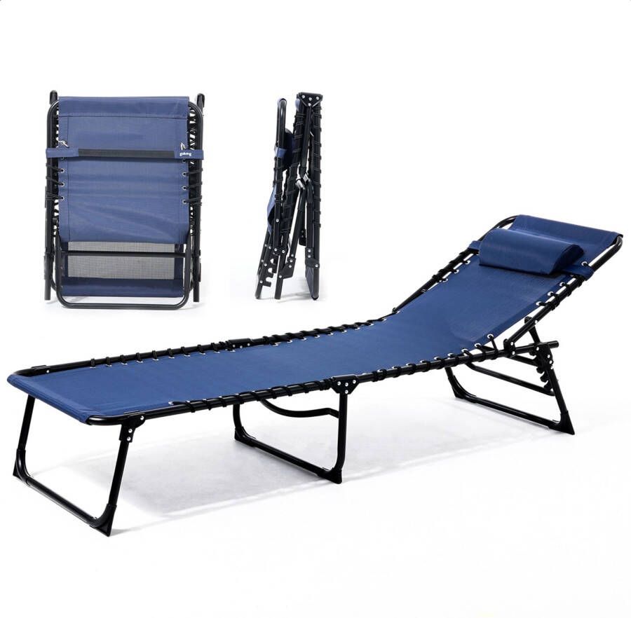 Goliving Ligbed 5 Standen 188 x 56 x 29 cm Inklapbaar Zonnebed Opvouwbaar Strandbed Ligstoel Tuin Inclusief Hoofdkussen Verstelbare Rugleuning Blauw