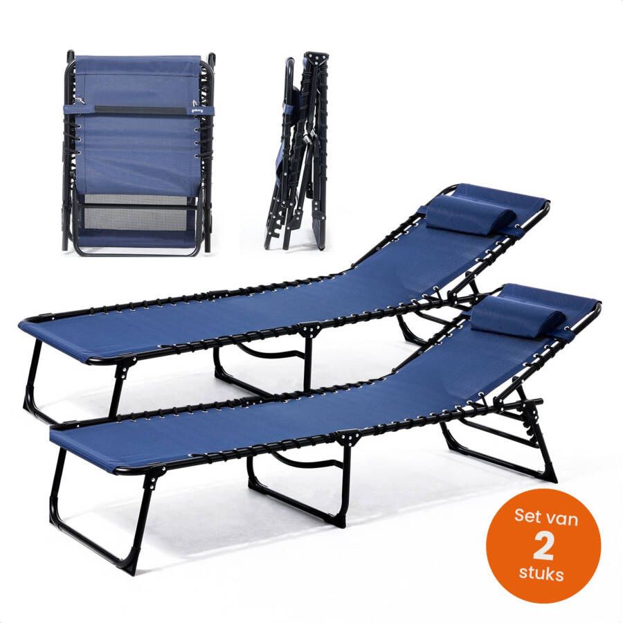 Goliving Ligbed 5 Standen 188 x 56 x 29 cm 2 Stuks Inklapbaar Zonnebed Opvouwbaar Strandbed Ligstoel Tuin Inclusief Hoofdkussen Verstelbare Rugleuning Blauw