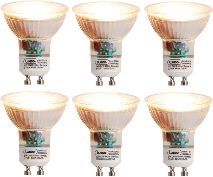 LUEDD Set Van 6 Gu10 Dimbare Led Lampen 6w 450 Lm 2700k