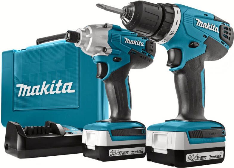 Makita Accu Boormachine En Slagmoersleutel Combiset Dk1497a 14 4v 2 X 2 0 Ah Li-on Accu's 1 Uur Lader Kunststof Opbergkoffer