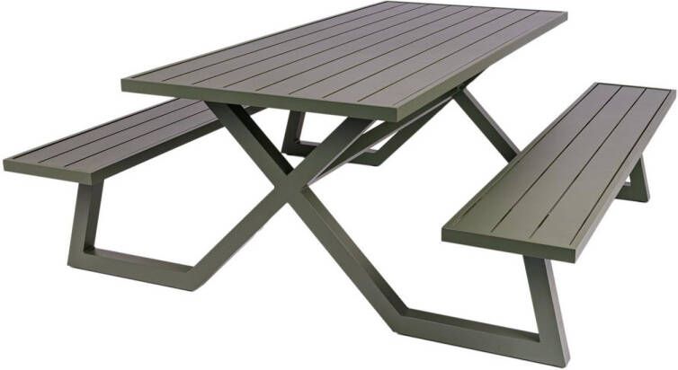 MaximaVida Luxe Aluminium Picknicktafel Dex 200 Cm Olijfgroen Met Exclusieve Omlijsting