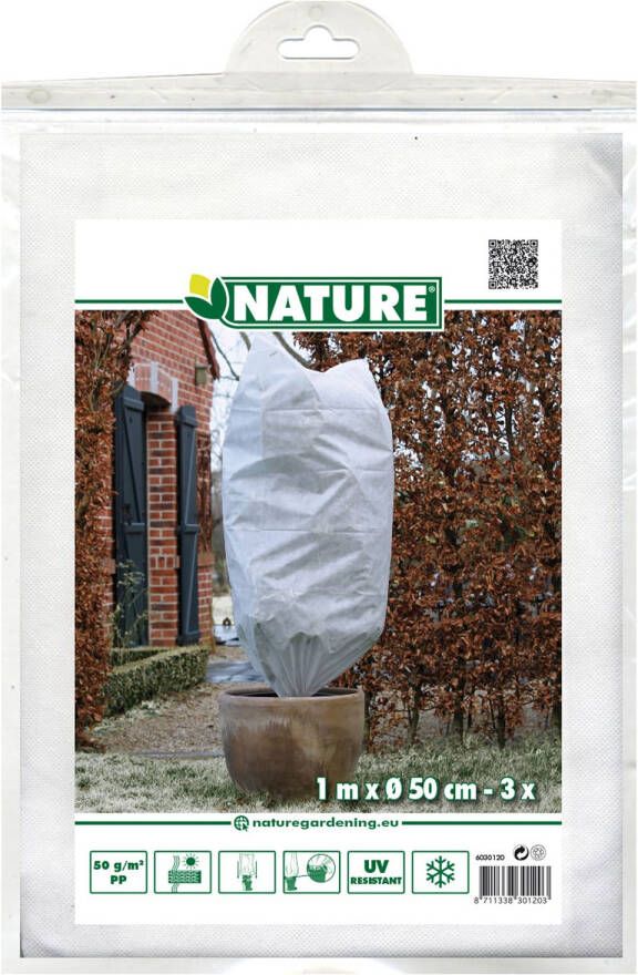 Nature Plantenhoes tegen vorst met aantrekkoord wit H 1 meter x D 50 cm 50 g m2 set van 3 stuks Winterafdekhoes Winterhoes voor planten Anti-vorst beschermhoes planten Vorstbescherming Planthoes