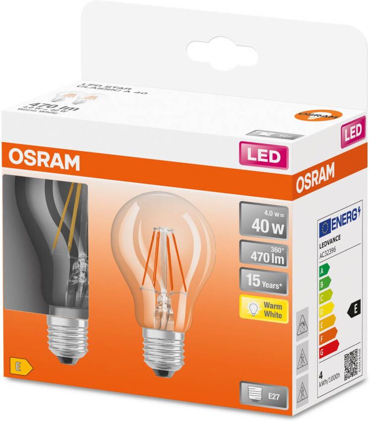 Osram LED lamp Classic A 40 E27 filament helder 4W 470 Lumen warm wit niet dimbaar 2 stuks