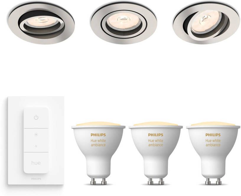 Philips Hue Philips Donegal Inbouwspots met White Ambiance GU10 & Dimmer Switch Warm tot Koel Wit Licht Dimbaar Spotjes Inbouw 3 Stuks Nikkel