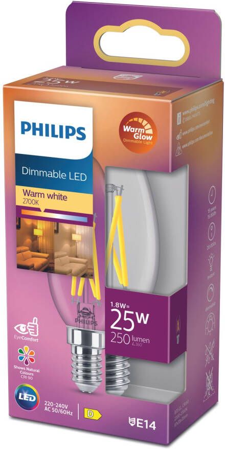 Philips LED Kaars Transparant 25 W E14 Dimbaar warmwit licht