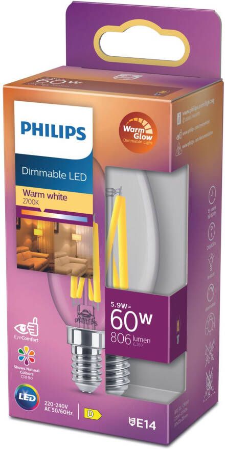 Philips lighting 871951432455800 LED-lamp Energielabel D (A G) E14 Kaars 5.9 W = 60 W Warmwit (Ø x l) 35 mm x 97 mm 1 stuk(s)