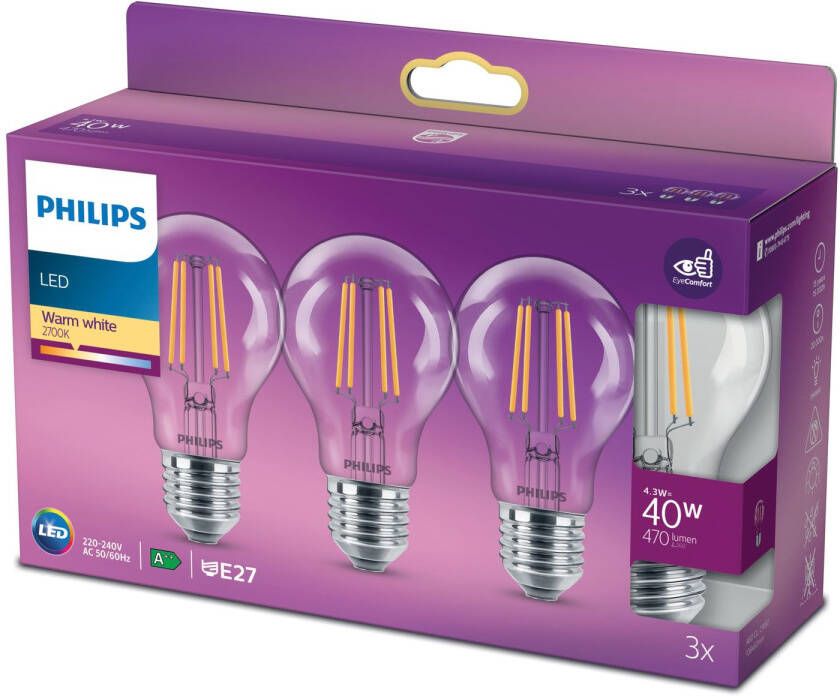 Philips energiezuinige LED Lamp Transparant 40 W E27 warmwit licht 3 stuks Bespaar op energiekosten