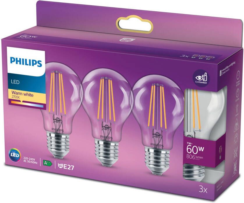 Philips LED filament standaard lamp helder niet dimbaar (3-pack) E2…