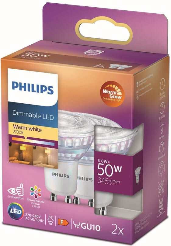 Philips LED Spot Set 2 Stuks Classic C90 36D GU10 Fitting DimTone Dimbaar 3.8W Warm Wit 2200K-2700K