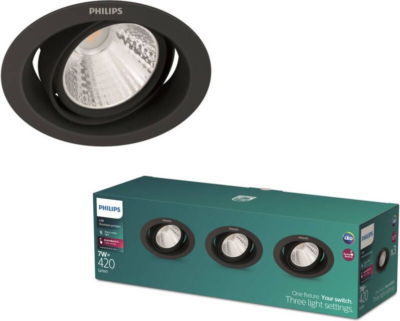 Philips Pomeron Inbouwspot Zwart Warmwit Licht Sceneswitch 7w 3 Stuks