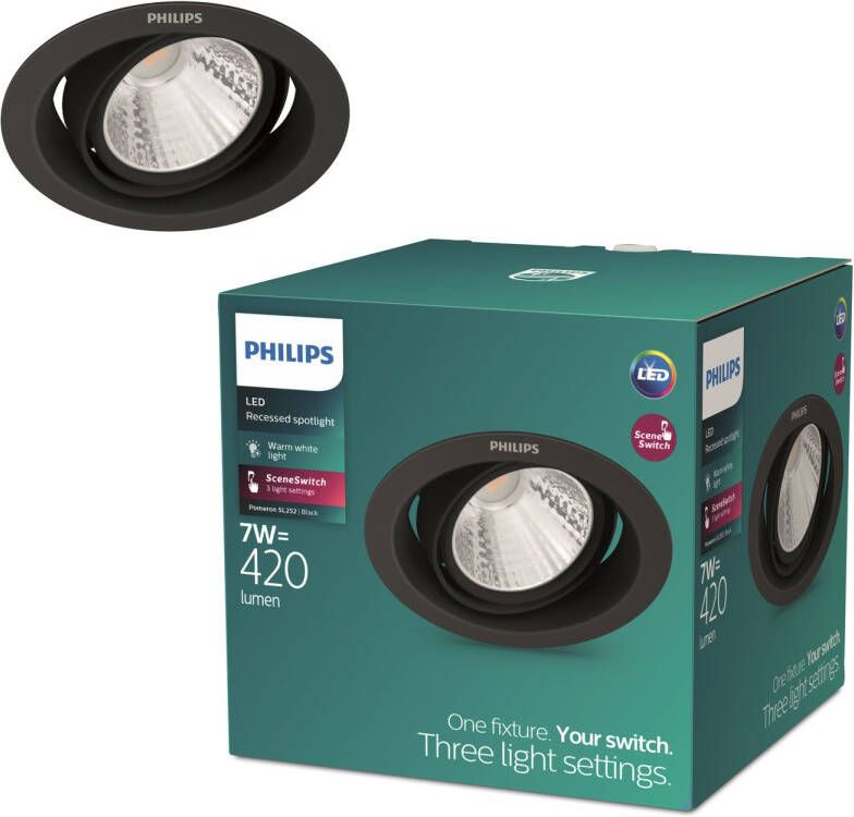 Philips Pomeron Inbouwspot Zwart Warmwit Licht Sceneswitch 7w