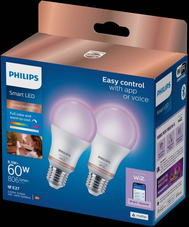 Philips Slimme Ledlamp A60 Gekleurd En Wit Licht E27 8 5w 2 Stuks