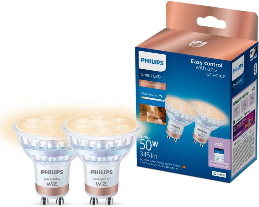 Philips Slimme Ledspot Aanpasbaar Wit Par16 Gu10 4 7w 2 Stuks