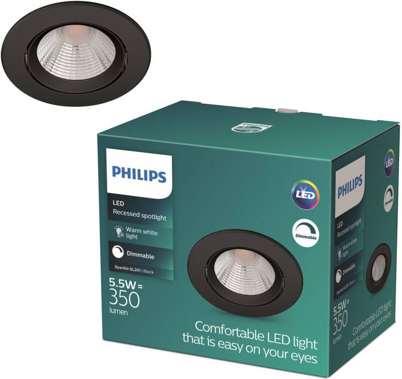 Philips Sparkle Inbouwspot Zwart -warmwit Licht Dimbaar Met Dimschakelaar 5.5w