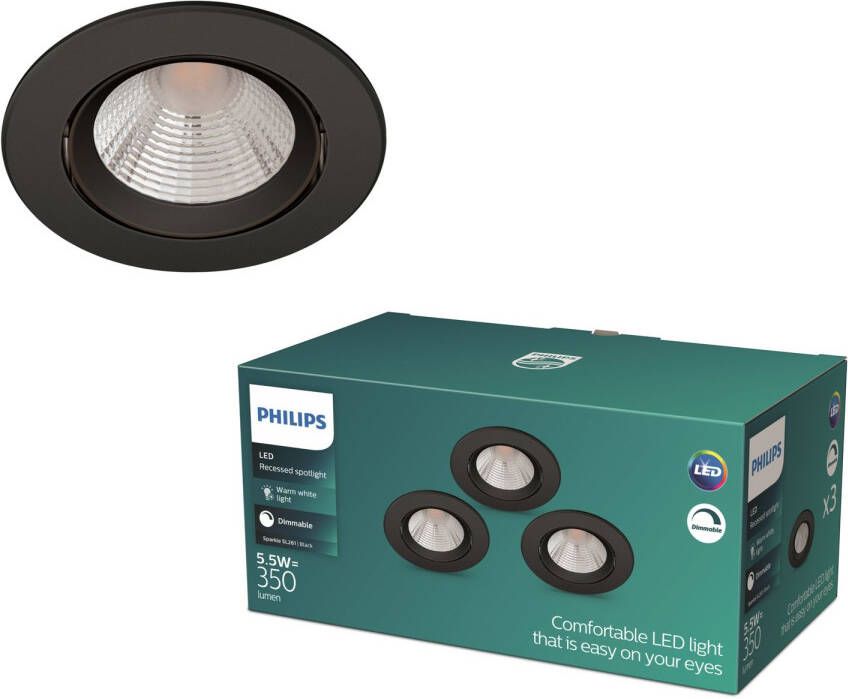 Philips Sparkle Inbouwspot Zwart Warmwit Licht Dimbaar Met Schakelaar 3 Stuks