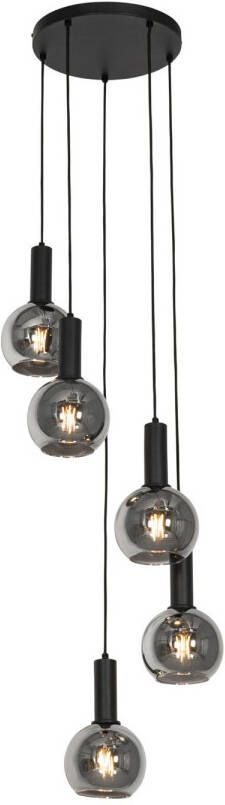 QAZQA Art Deco Hanglamp Zwart Met Smoke Glas Rond 5-lichts Josje