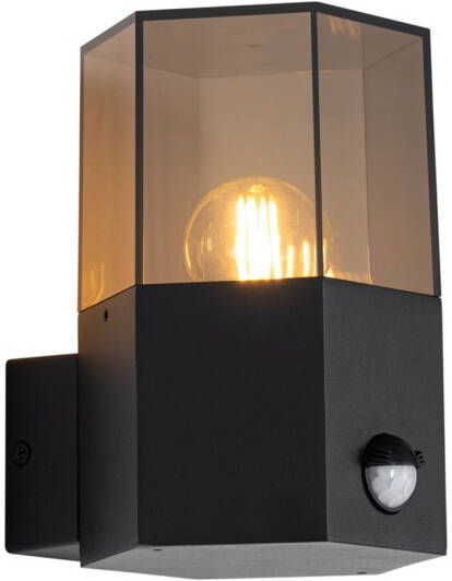 QAZQA Buiten Wandlamp Zwart Met Smoke Glas Zeshoek En Bewegingssensor Denmark