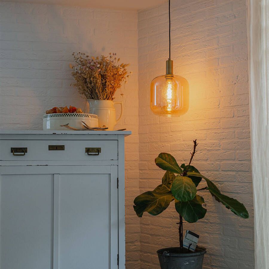 QAZQA Design Hanglamp Zwart Met Messing En Amber Glas Zuzanna