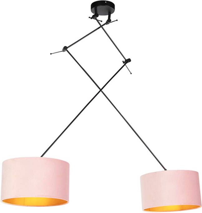 QAZQA Hanglamp Zwart Met Velours Kappen Roze Met Goud 35 Cm 2-lichts Blitz