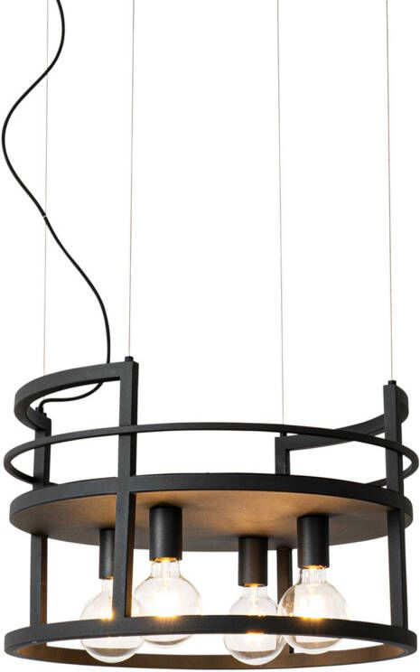 QAZQA Industriële Hanglamp Zwart Met Rek Rond 4-lichts Cage Rack