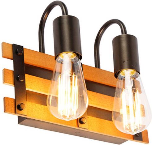 QAZQA Industriële Wandlamp Zwart Met Hout 2-lichts Paleta Mai