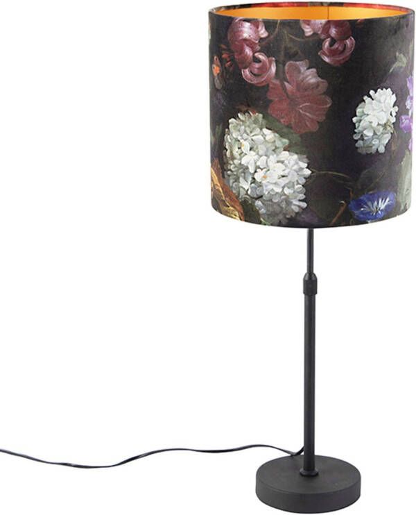 QAZQA Tafellamp Zwart Met Velours Kap Bloemen Met Goud 25 Cm Parte