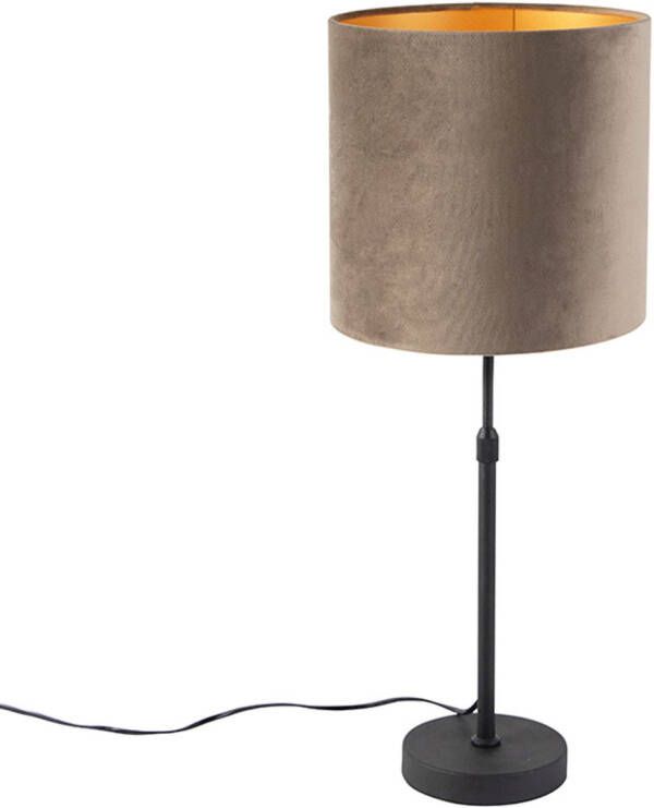 QAZQA Tafellamp Zwart Met Velours Kap Taupe Met Goud 25 Cm Parte