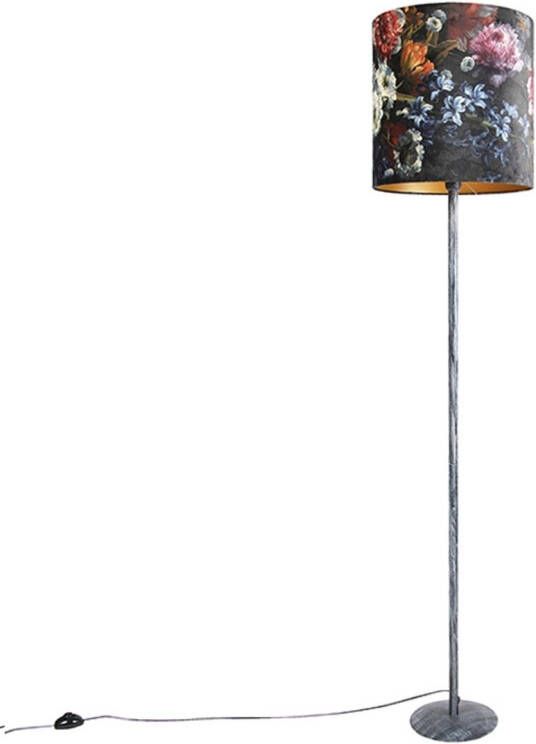 QAZQA Vintage Vloerlamp Antiek Grijs Kap Bloemen Dessin 40 Cm Simplo