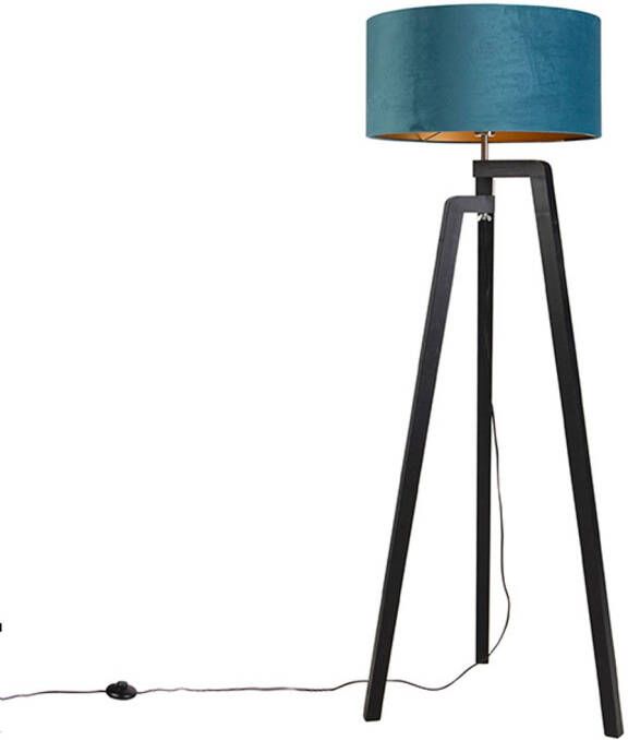 QAZQA Vloerlamp Tripod Zwart Met Blauwe Kap En Goud 50 Cm Puros