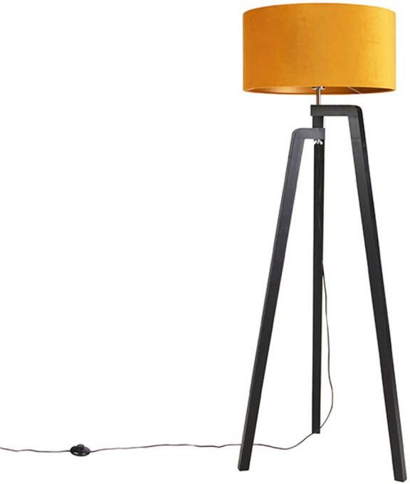 QAZQA Vloerlamp Tripod Zwart Met Gele Kap En Goud 50 Cm Puros