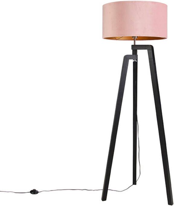 QAZQA Vloerlamp Tripod Zwart Met Roze Kap En Goud 50 Cm Puros