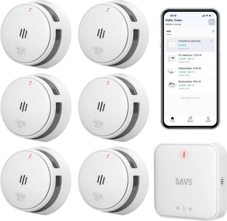 SAVS LinkSmart Slimme Rookmelder bundel 6 S10-W Rookmelders en G10 Base Station Werkt via app WiFi gateway Draadloos RF koppelbaar Brandalarm Smart home