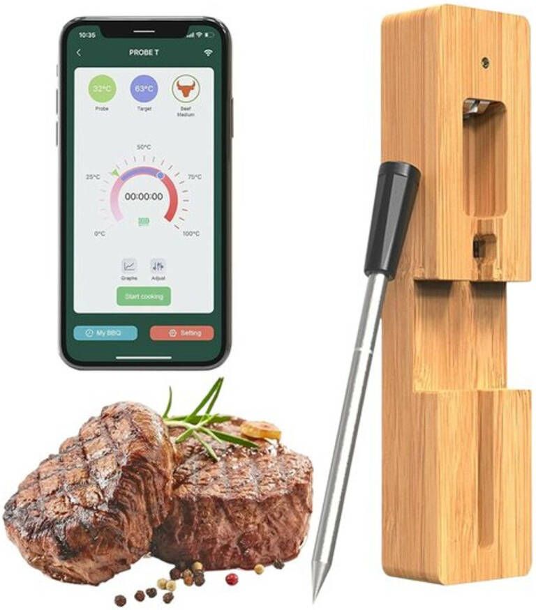 Smartlife Domotica Draadloze BBQ Thermometer Bluetooth Alleen interne Temperatuur Met handige App 50 Meter bereik Geschikt voor de Oven & BBQ RVS Zwart