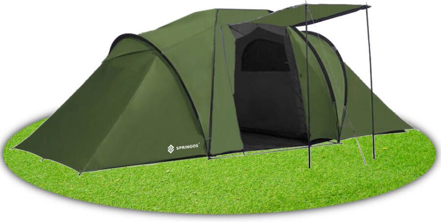 Springos Tunneltent |kampeertent | Waterdicht | 4 Persoons | 2 Slaapkamers | Groen | 460x200x245 Cm