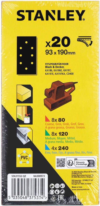 Stanley Schuurstroken Vlakschuurmachine Sta31552-qz 93x190mm Assorti 20 Stuks