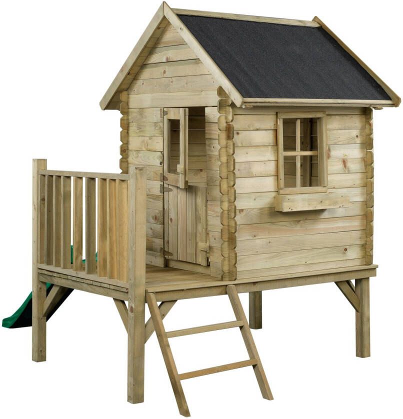 SwingKing Houten speelhuisje met glijbaan en trap Camilla ( ) Kinderhuisje voor Buiten in de Tuin Voor Kinderen vanaf 3 Jaar FSC Hout Glijbaan Groen - Foto 2