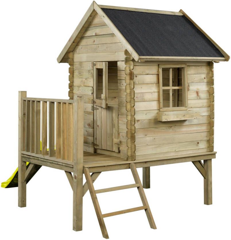 SwingKing Houten speelhuisje met glijbaan en trap Camilla ( ) Kinderhuisje voor Buiten in de Tuin Voor Kinderen vanaf 3 Jaar FSC Hout Glijbaan Geel - Foto 2