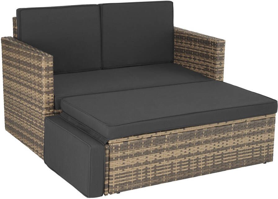 Tectake Wicker loungesofa tuinstoel ligbed bankstel 2-zits fauteuil met kruk en slaapfunctie kleine wicker bank als buitentuinmeubel voor lounge balkon en tuin opvouwbaar met kussens- natuur poly-rattan