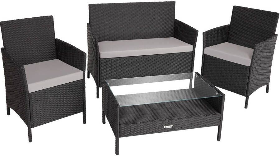 Tectake 4-delige wicker zitgroep lounge tuinmeubelset met bank en tafel met glazen blad buiten-eetgroep voor tuin en balkon vrij te groeperen loungemeubels weerbestendig zwart met grijze kussens poly-rattan