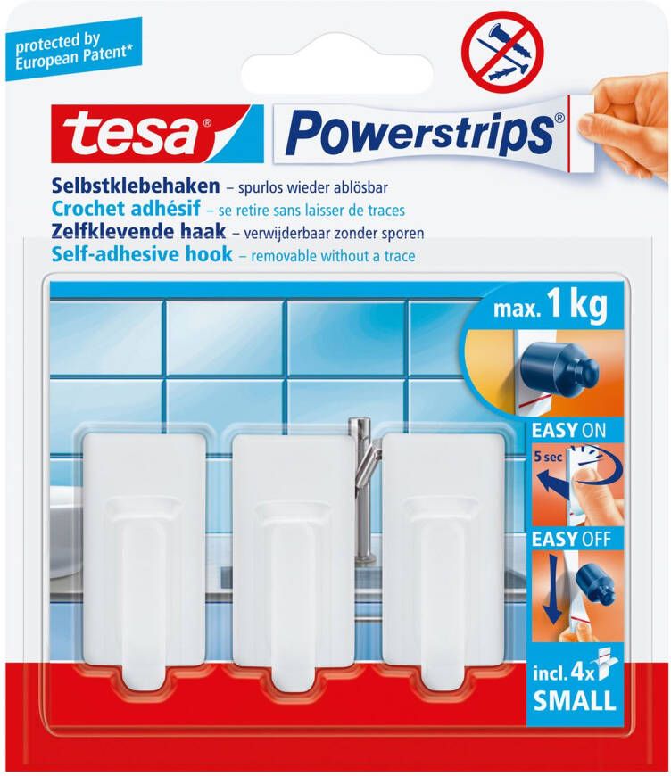 Tesa Powerstrips zelfklevende haak wit lang 1kg 3 stuks