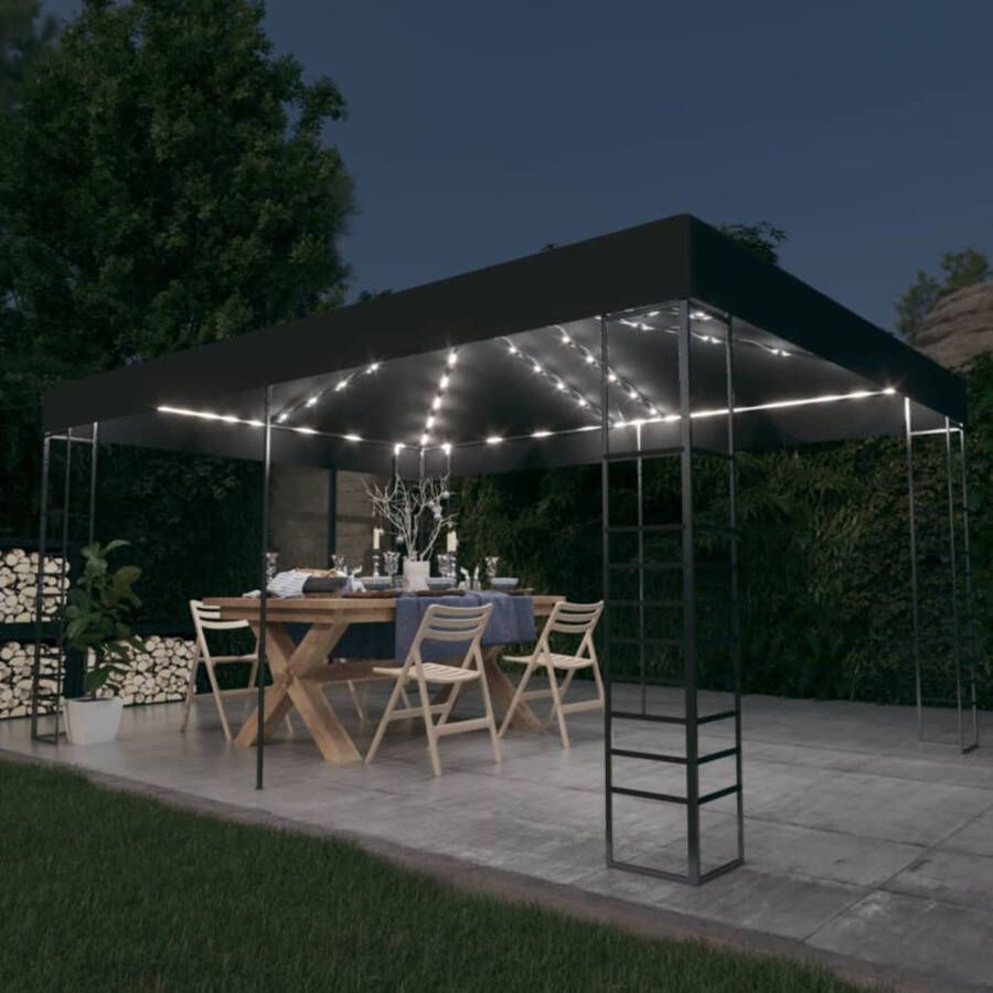 The Living Store Tuinpaviljoen Antraciet 3 x 4 x 2.7 m Stof met PA-coating en Stalen Frame Ventilerende Luifel Inclusief Lichtslinger Zonne-energie Eenvoudige Montage