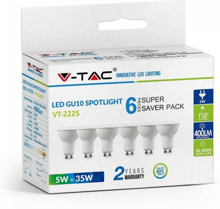 V-tac VT-2225 6-pack LED spotjes GU10 5W 400 Lm 3000K