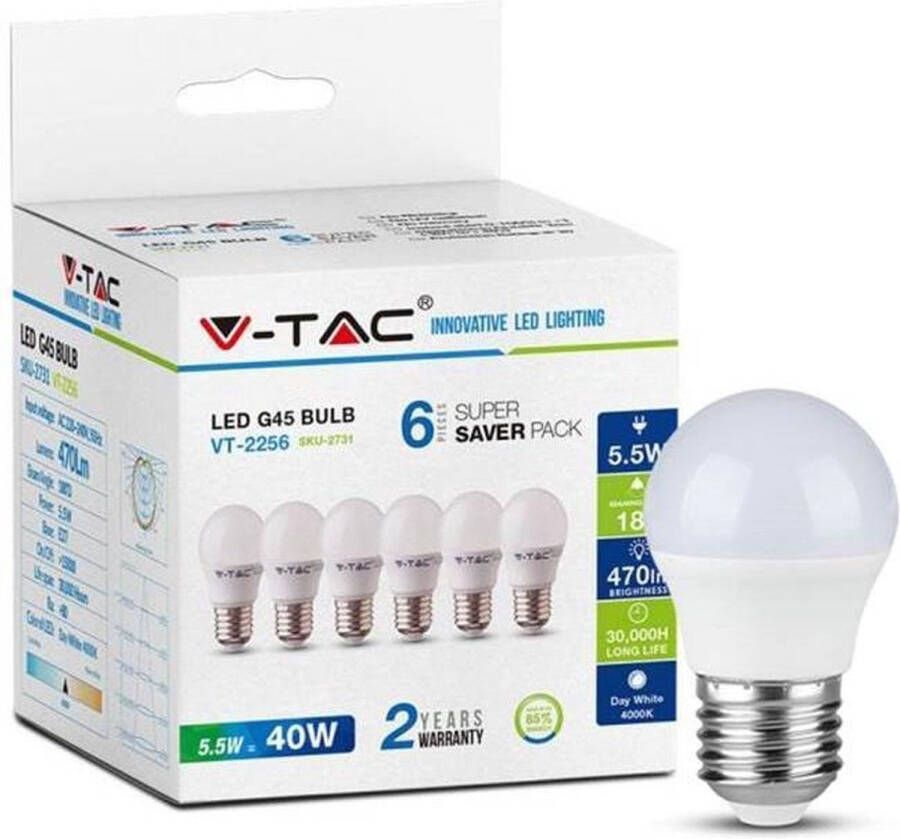 V-TAC 6 Pack Kogellamp E27 5.5w Extra Warm Wit 2700k Opaal