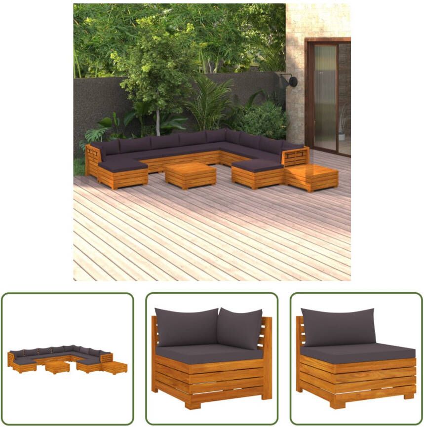 The Living Store Acacia Loungeset Hoek middenbank- 68x68x60cm Tafel voetenbank- 68x68x30cm Kleur kussen- donkergrijs