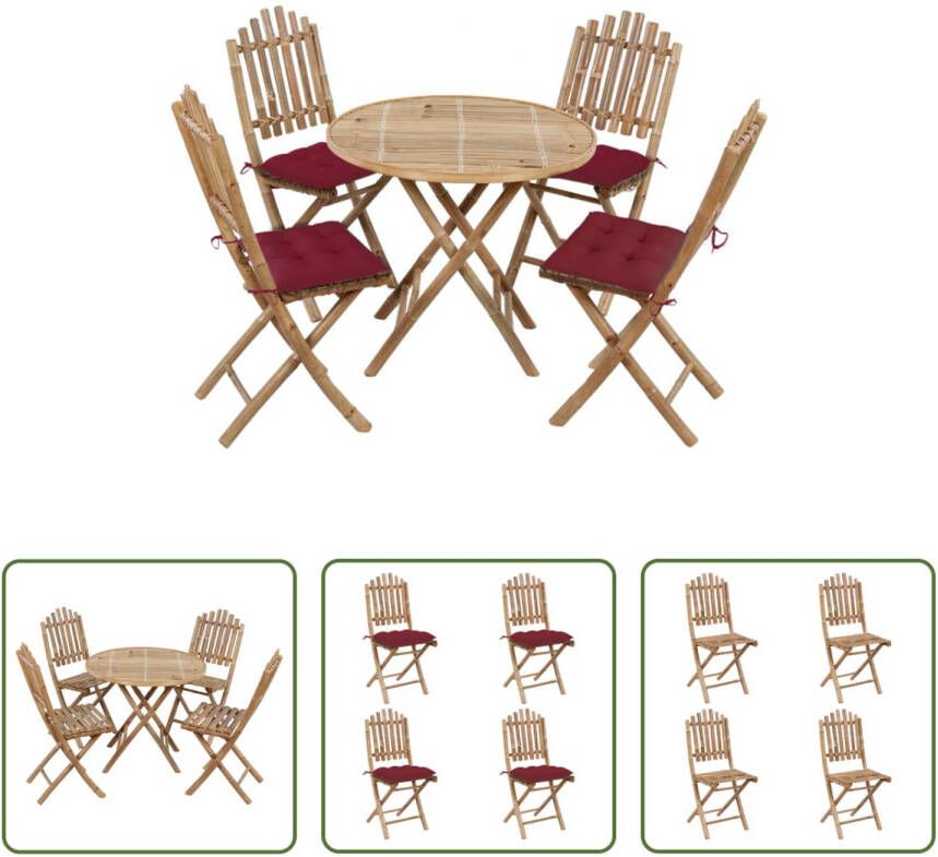 The Living Store Bamboe Eethoek Inklapbaar Weerbestendig 80x70 cm Tafel 50x42x92 cm Stoel met Kussen Wijnrood 100% Polyester