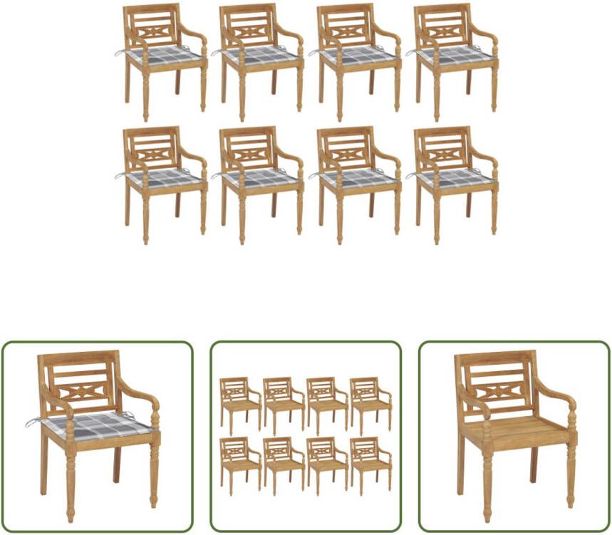 The Living Store Batavia Stoelen Houten Tuinmeubelen 8stuks 55x51.5x84cm Duurzaam Hard Teakhout Weerbestendig Met Kussens Grijs Ruitpatroon