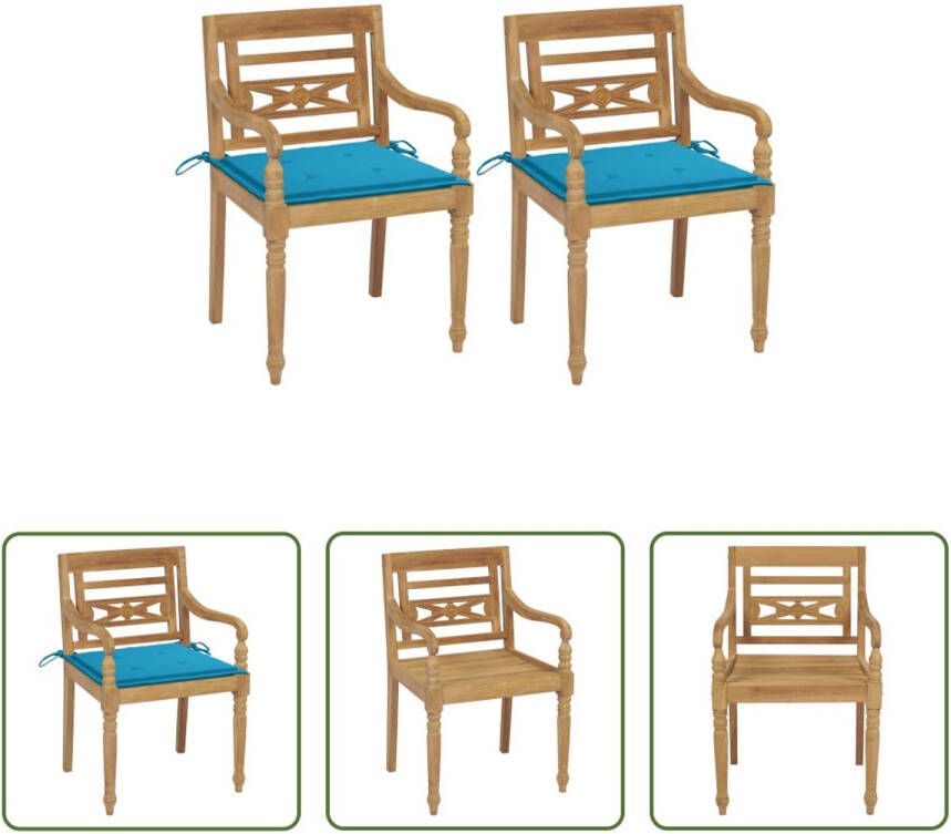 The Living Store Batavia Tuinstoelen Houten Set van 2 Blauwe Kussens 55 x 51.5 x 84 cm