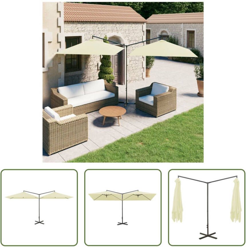 The Living Store Dubbele Parasol Polyester 600x290x260 cm Zandkleurig Stalen paal en baleinen